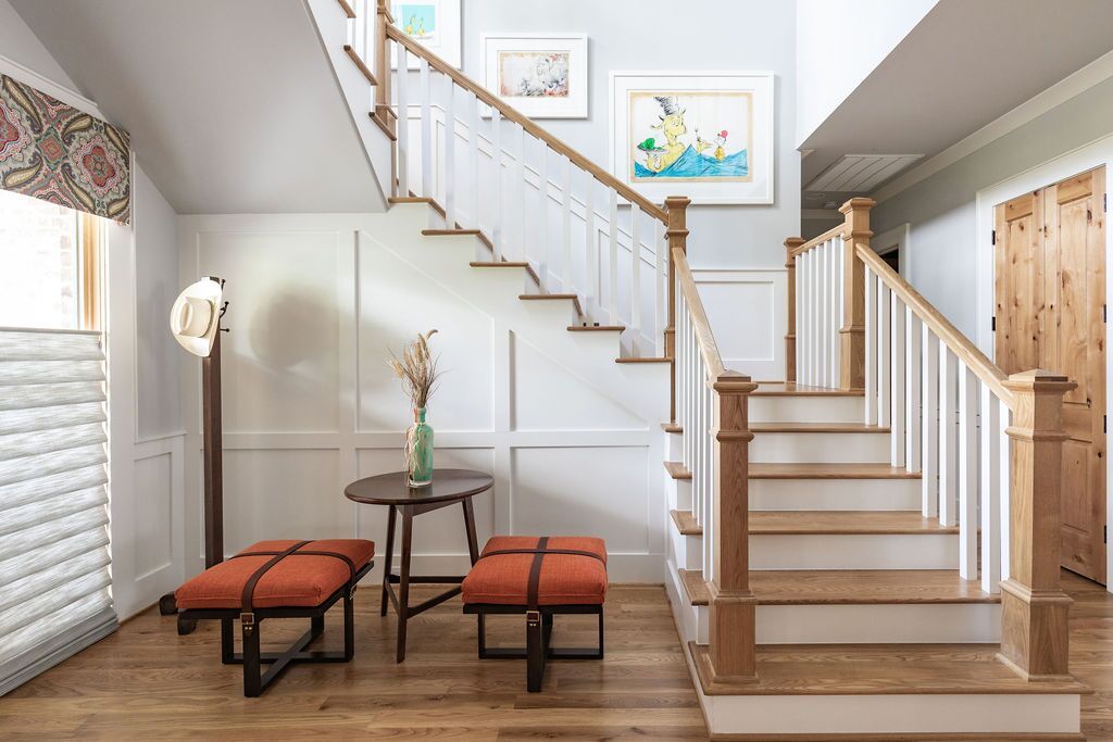 There is a staircase in the middle of the room.