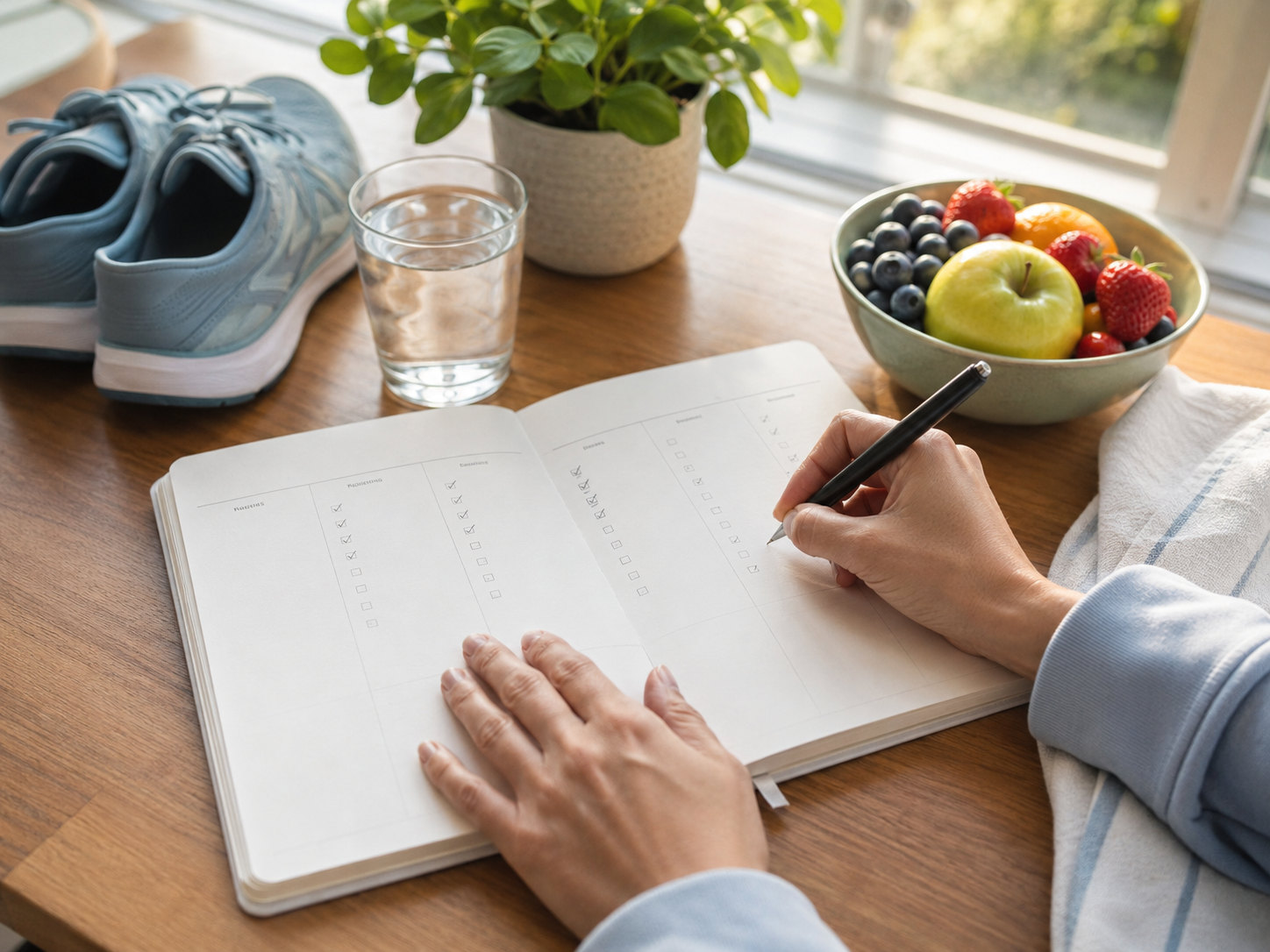 Hands writing in a simple wellness planner