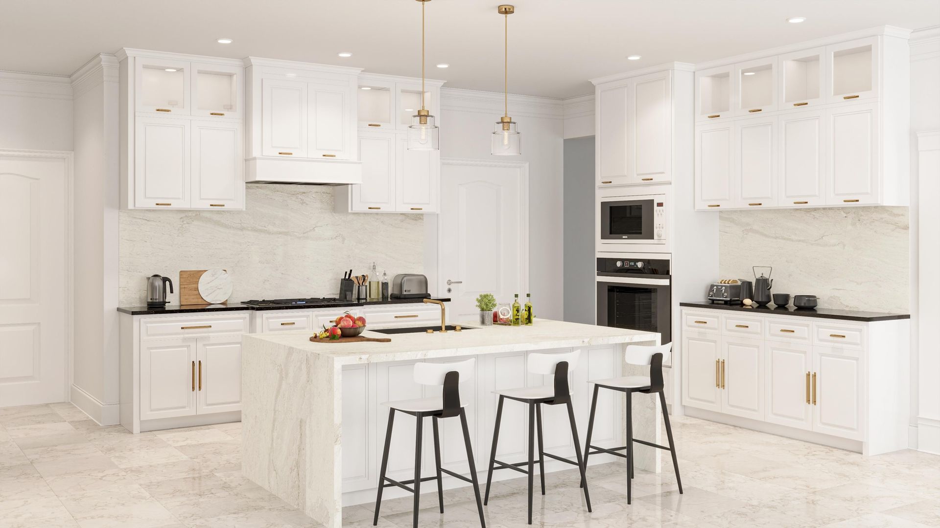 Bright white modern kitchen with an island, bar stools, built-in ovens, and pendant lights