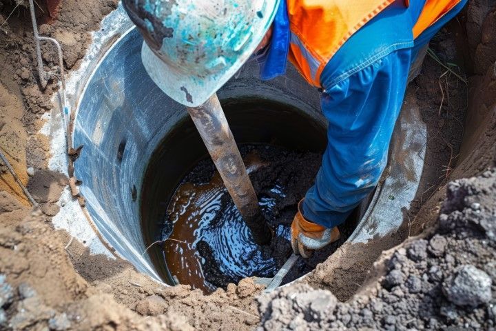 Person in an orange vest and hard hat working inside a cylindrical manhole filled with dark liquid.