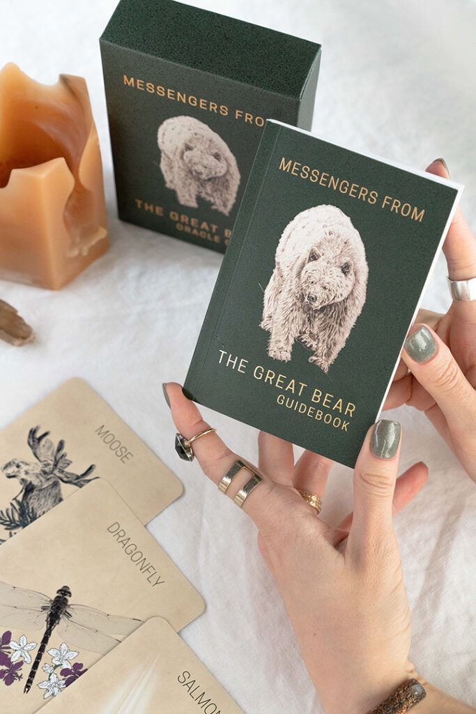 Hand holding a green card featuring a white poodle, with matching cards and stationery on a table