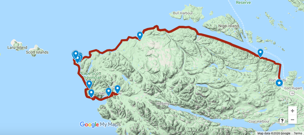 Google map with a red route tracing a coastal trail and blue location markers over a mountainous landscape