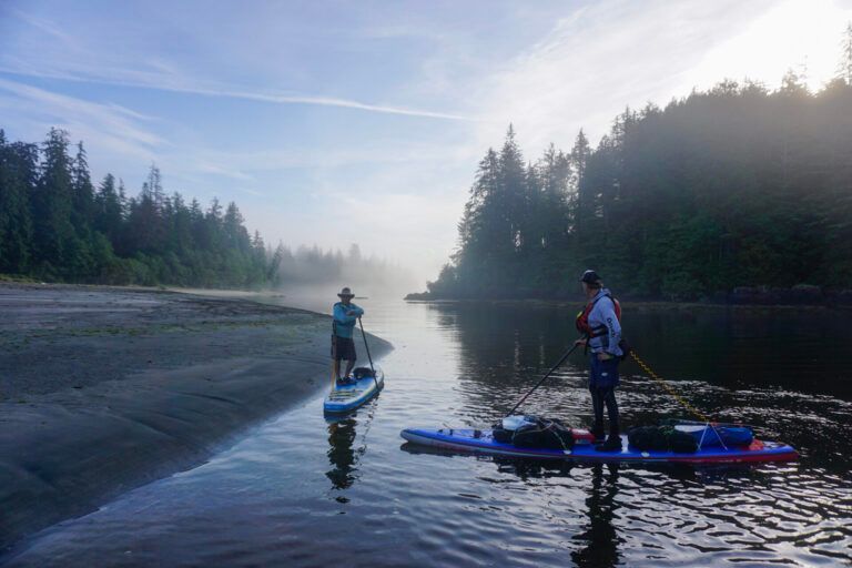 Two people on paddleboards on a misty river at dawn, surrounded by forest.