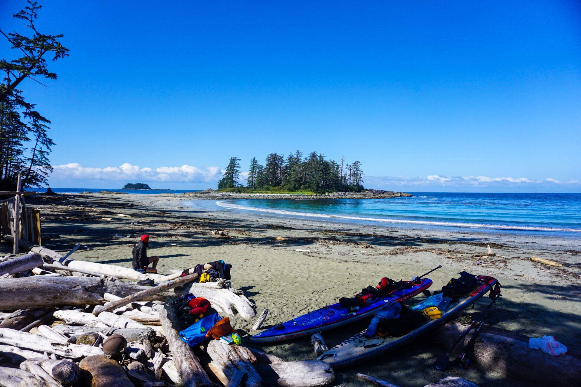 Rocky beach with driftwood, kayaks, and a small island under a bright blue sky