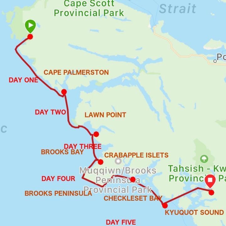 Map of a five-day red route through Cape Scott Provincial Park on Vancouver Island