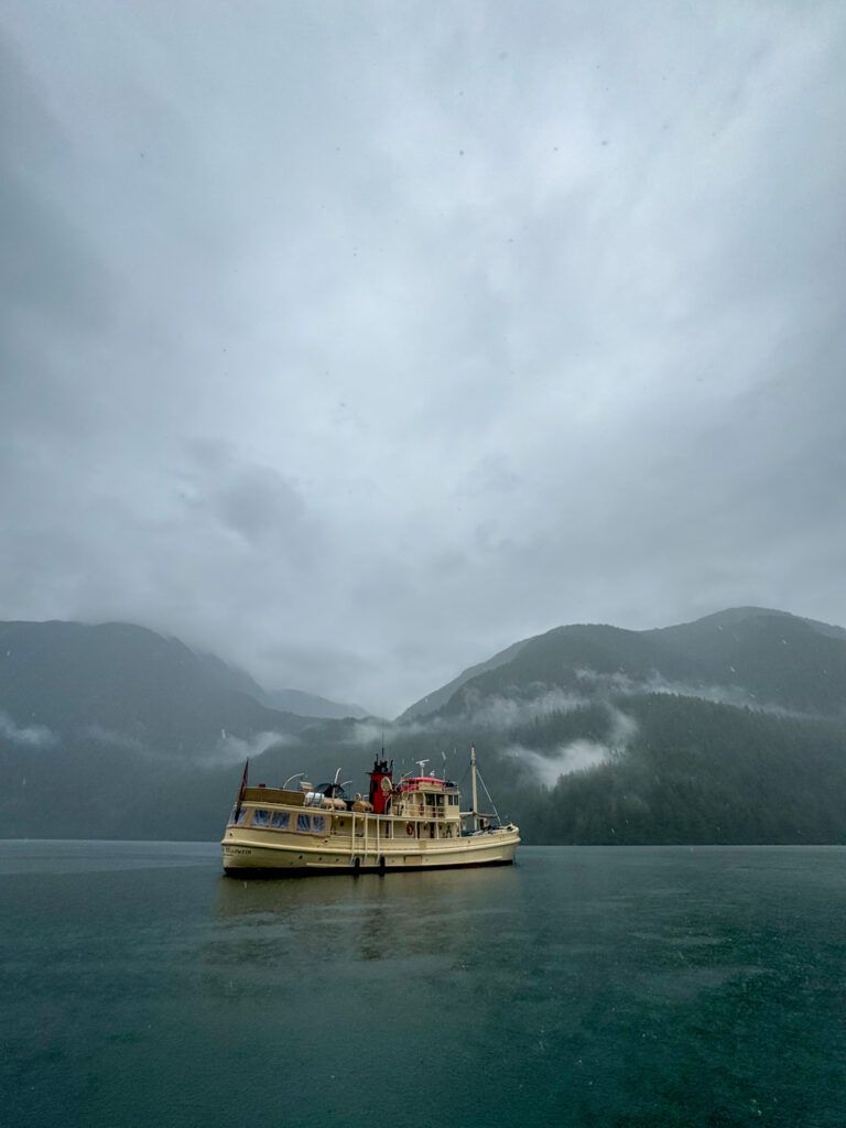 Tour boat on a misty turquoise lake with mountains in the background