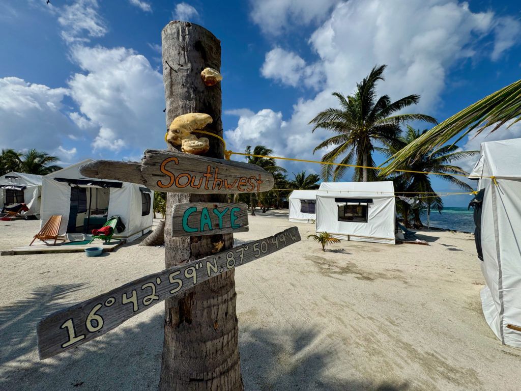 Beach signpost with wooden arrows in the sand, palm trees, huts, and ocean in the background