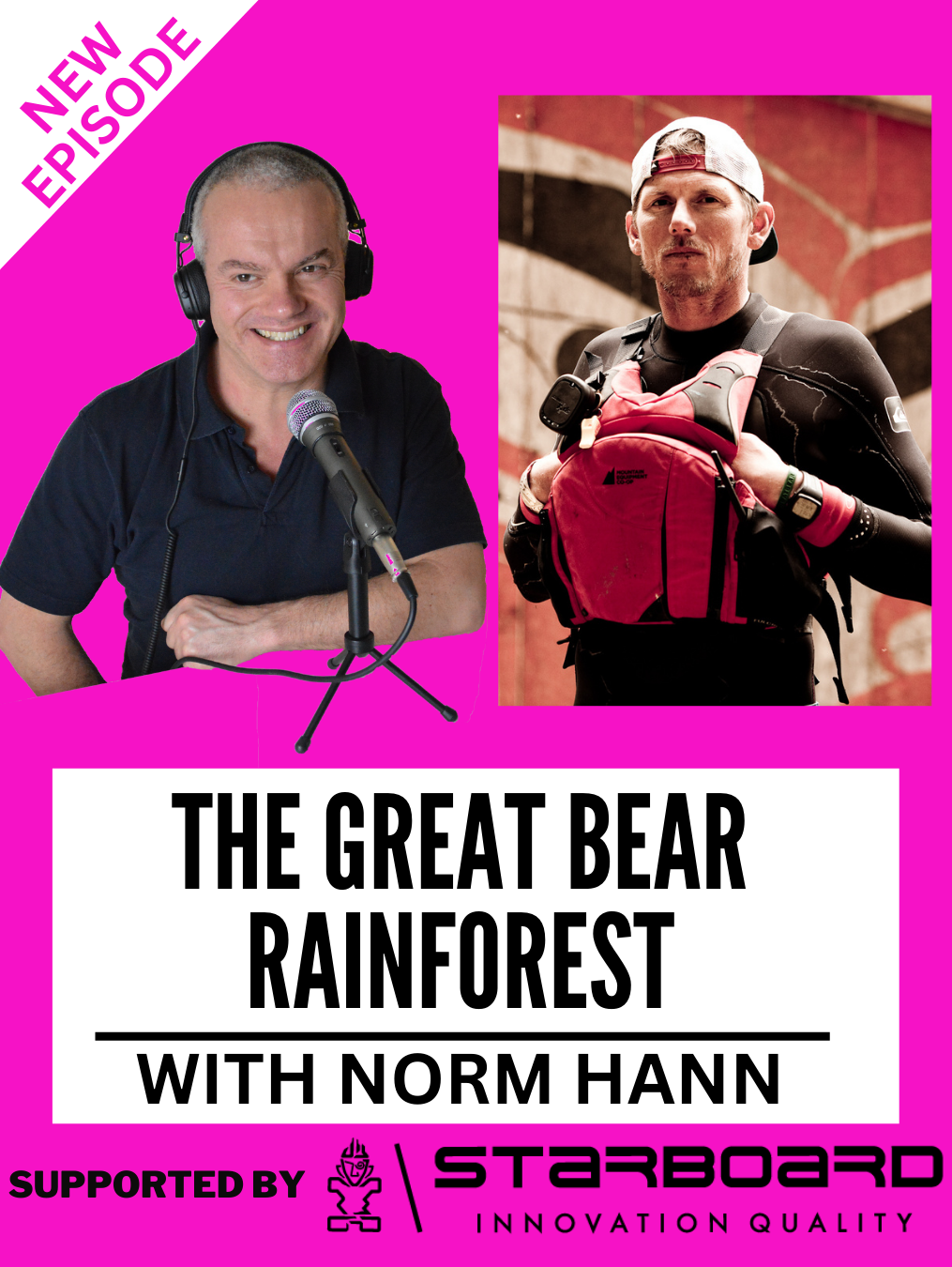 Promotional graphic for “The Great Bear Rainforest with Norm Hann” featuring two host photos on a pink background.