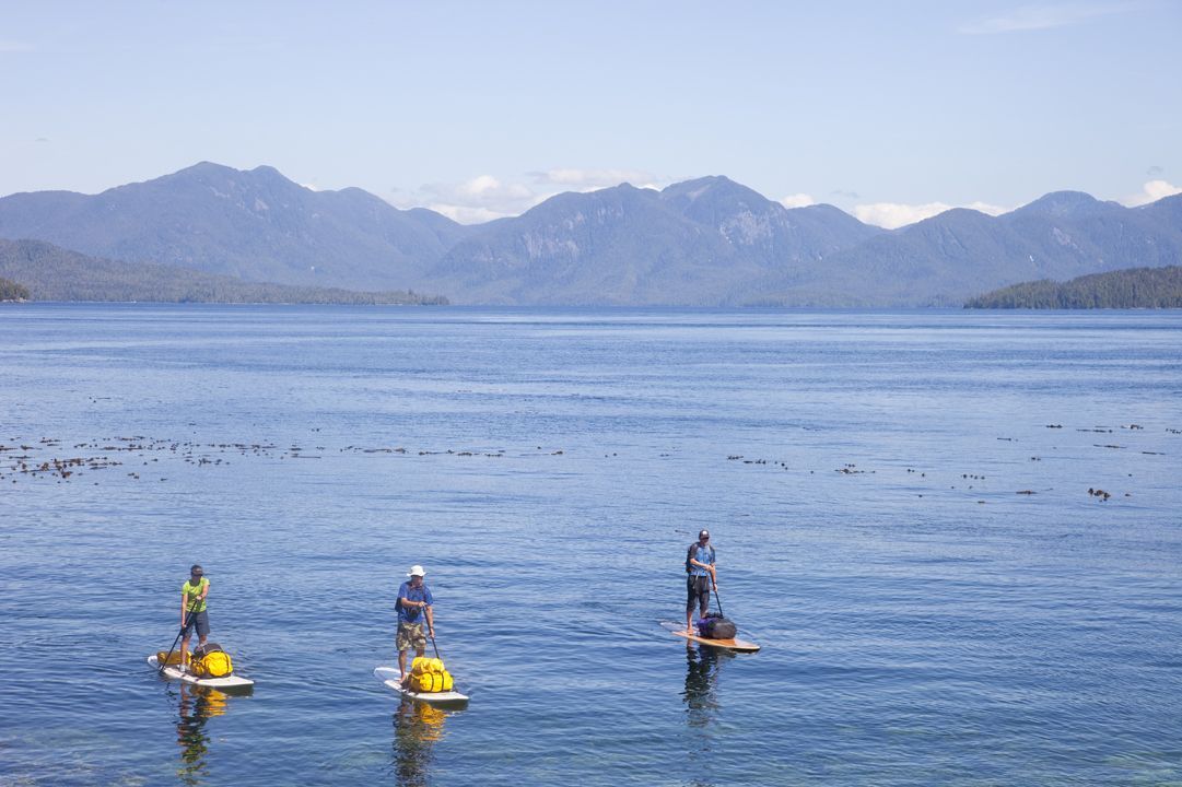 Three kayakers on calm blue water with mountains in the background