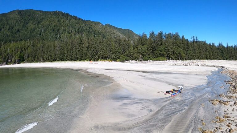 Sandy beach with green forested hills and clear shallow water under a blue sky