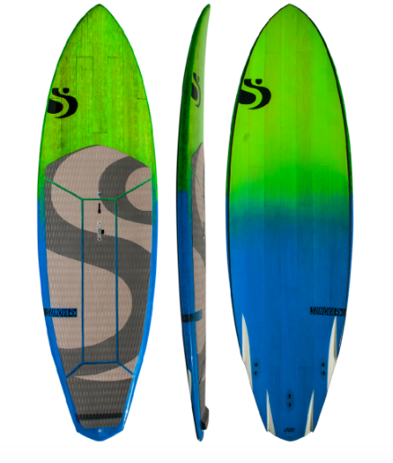 Three views of a green, blue, and gray surfboard with blue rails
