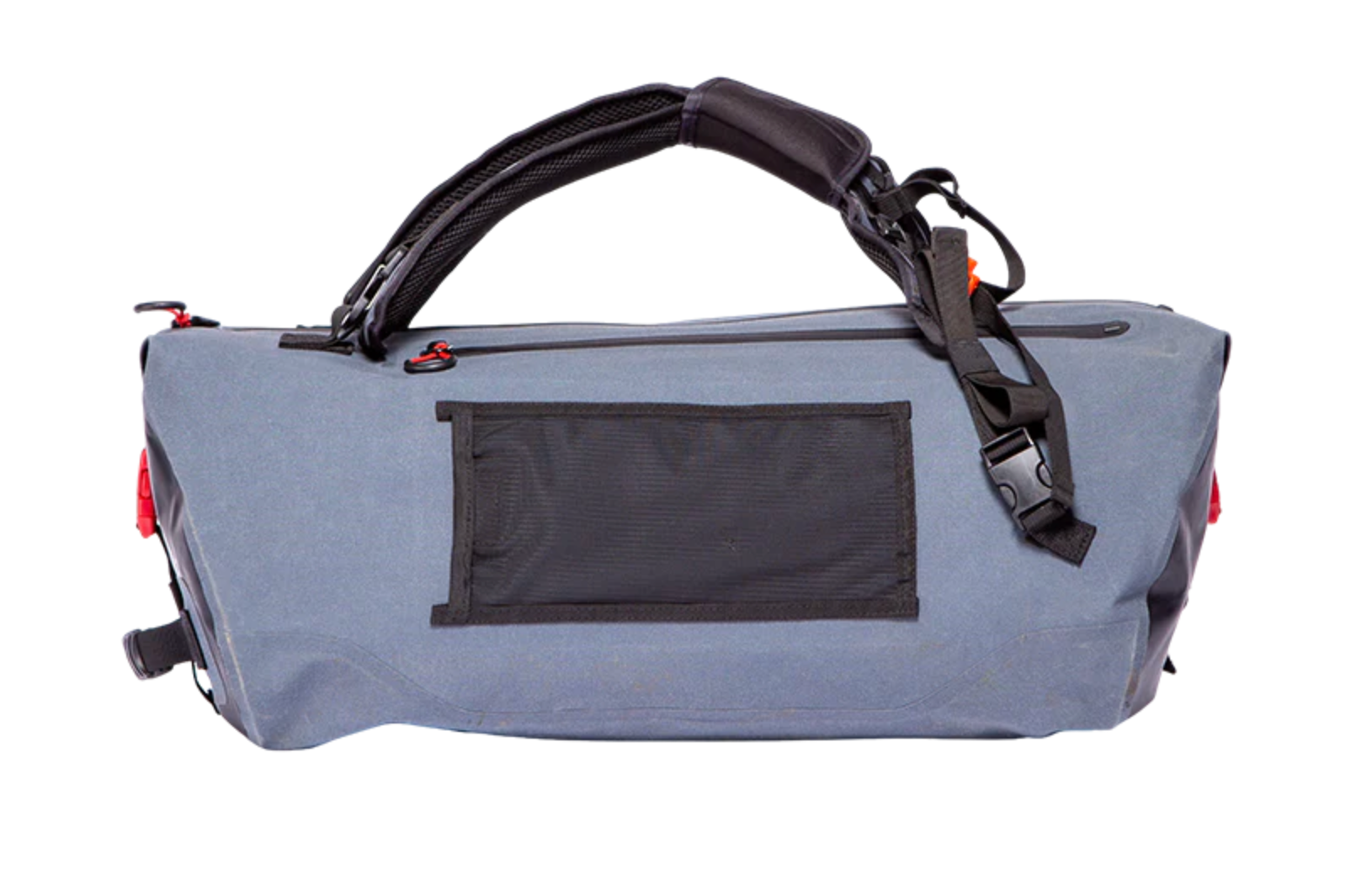 Gray duffel bag with black straps and red accents beside a black mat