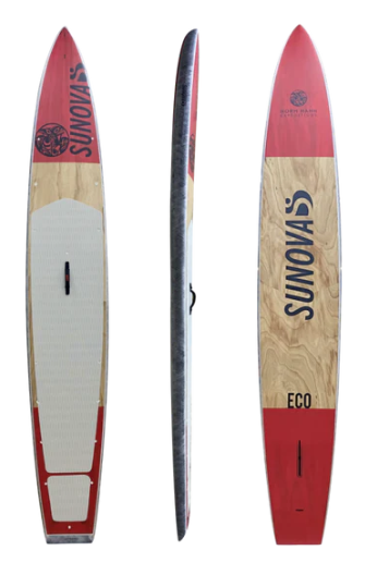 Red and beige stand-up paddleboard shown from top, side, and bottom views.