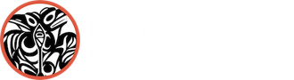 Black-and-white abstract circular logo with a red border and orange accent on a white background