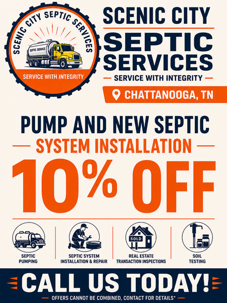 Scenic City Septic Services ad for pump, septic system installation, 10% off, call today in Chattanooga, TN