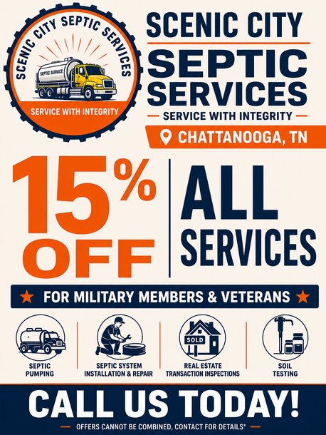 Scenic City Septic Services ad: 15% off all services for military members and veterans, Chattanooga, TN.