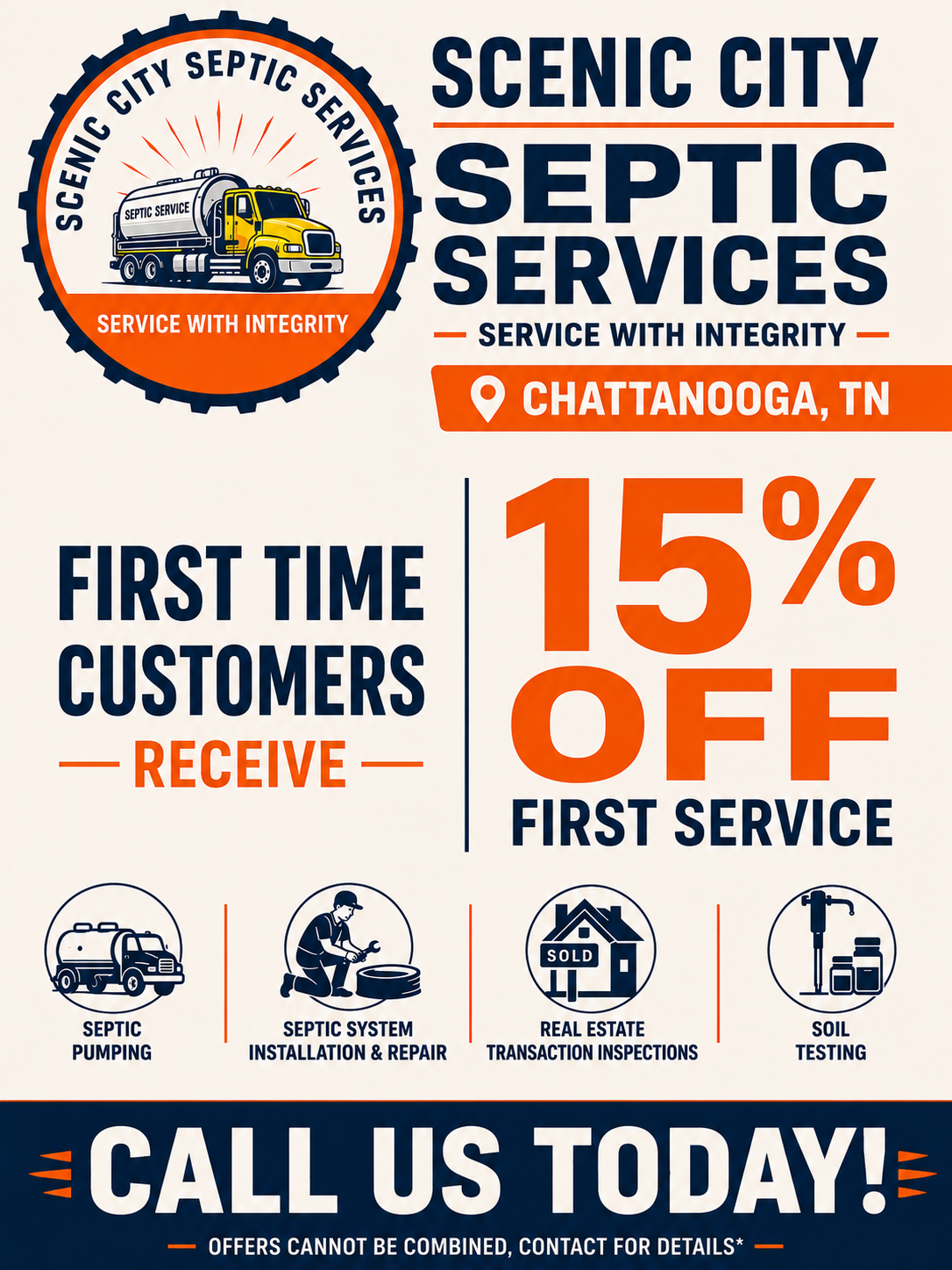 Scenic City Septic Services ad with 15% off first service for first-time customers and a call now prompt.