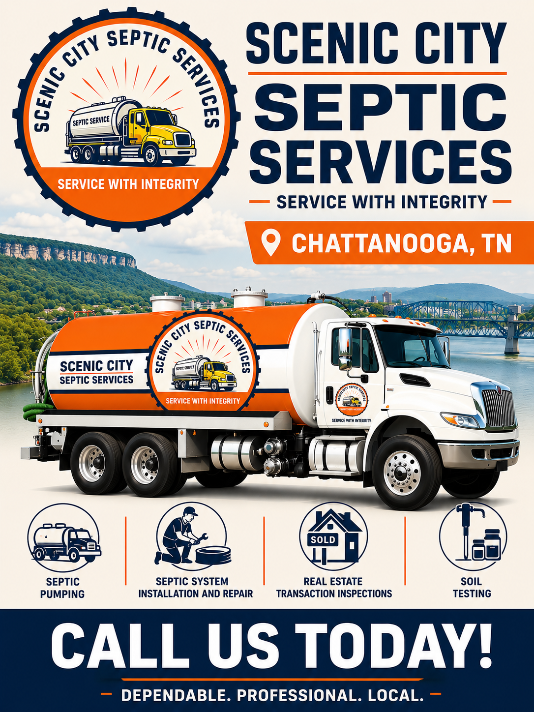 Scenic City Septic Services ad with truck, logo, Chattanooga, TN, and “Call Us Today!” message