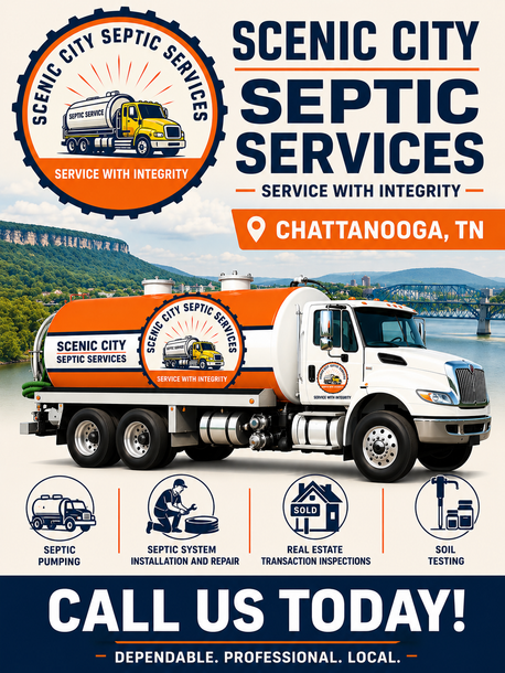 Scenic City Septic Services ad with truck, logo, Chattanooga, TN, and “Call Us Today!” message