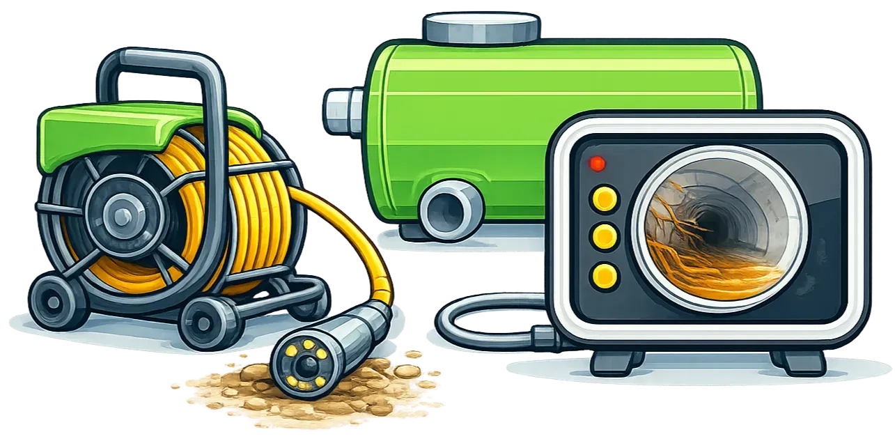 Utility pump, hose reel, green tank, and control panel on white background