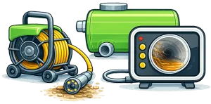 Green hose reel, pressure tank, and water pump illustration with a small control panel.