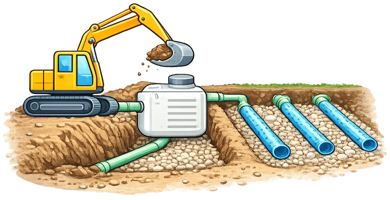 Excavator installing pipes into a trench beside a utility box on a construction site
