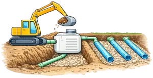 Excavator installs a large white tank with blue pipes in an outdoor trench area.