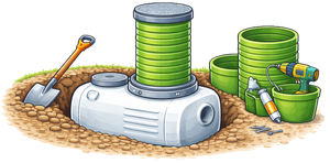 Gardening tools beside stacked green plant pots and a white watering device on soil