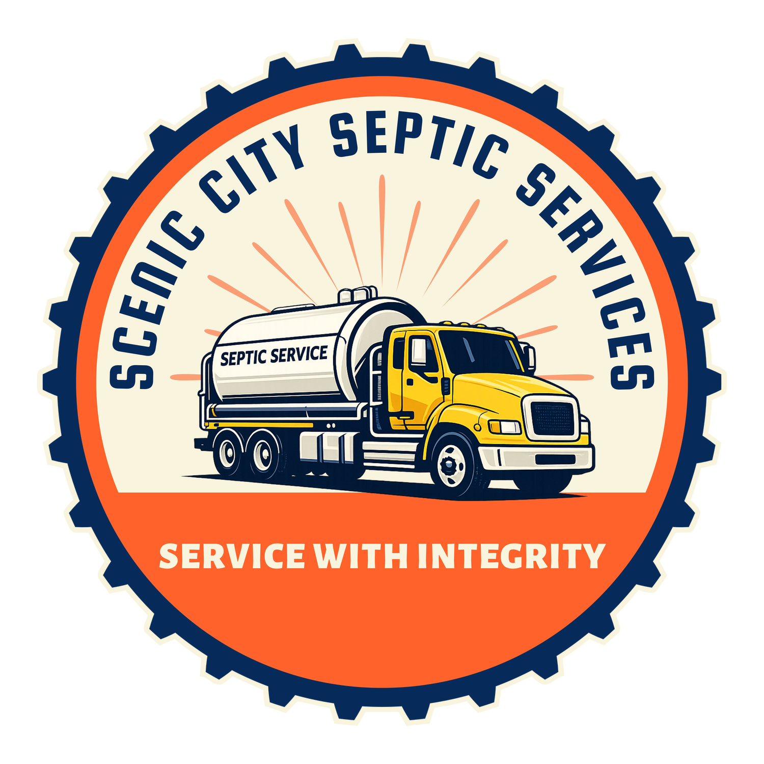 Scenic City Septic Services logo with septic truck and slogan “Service with Integrity”