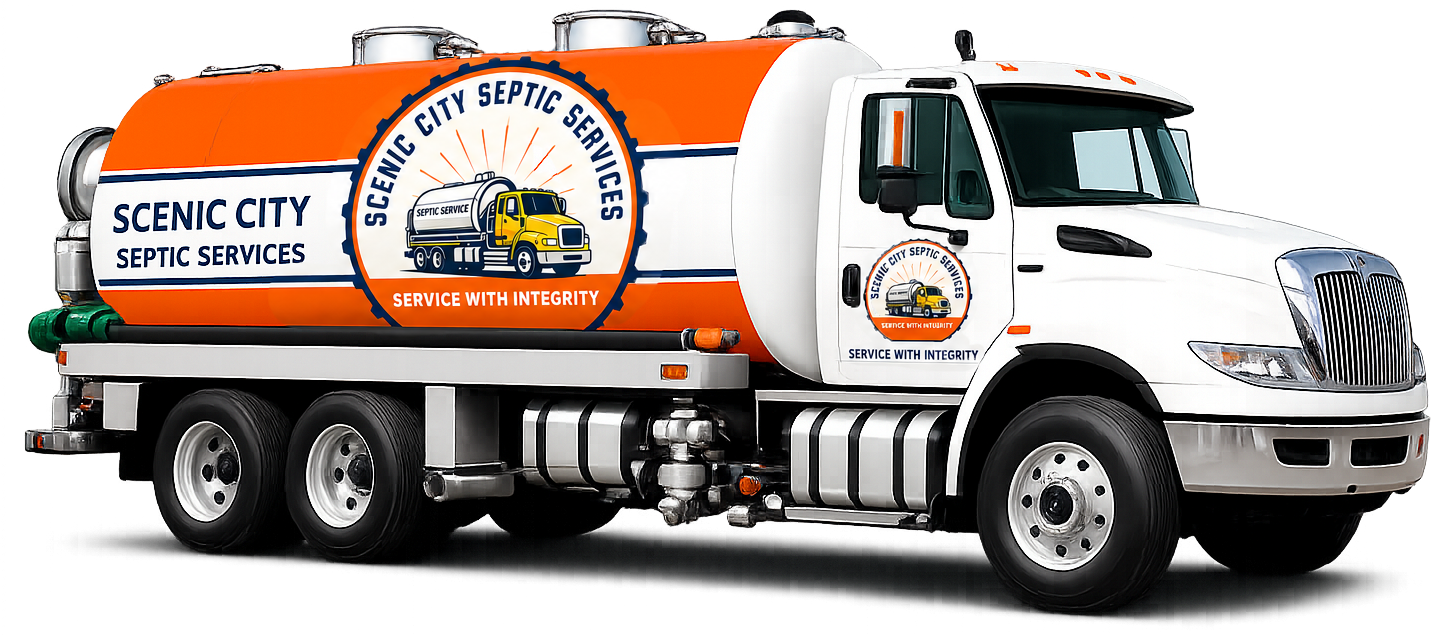 White and orange sewer service truck with “Scientific City Sewer Services” logo on the side