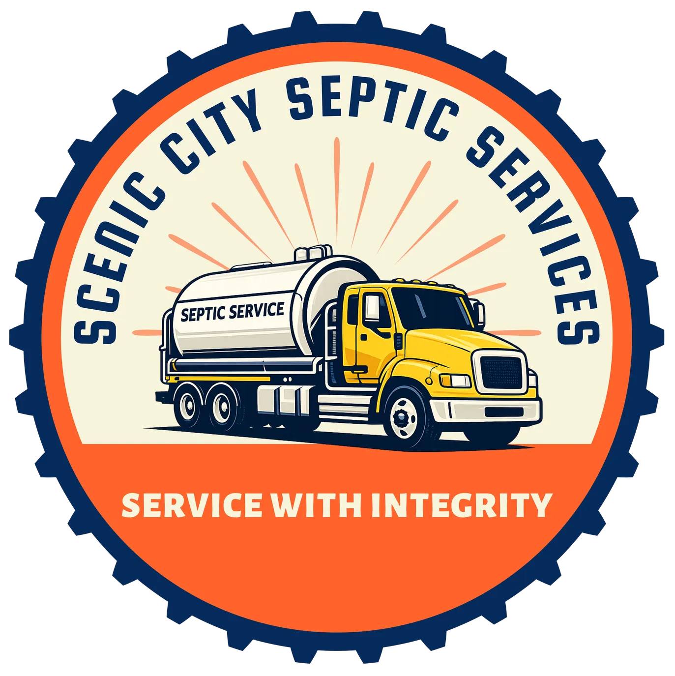 Septic truck logo for Scenic City Septic Services with slogan “Service With Integrity” on orange seal
