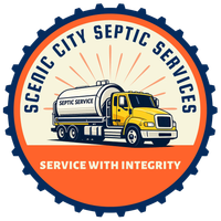 Septic truck logo for Scenic City Septic Services with slogan “Service With Integrity” on orange seal