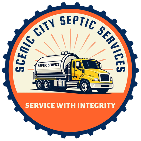 Septic truck logo for Scenic City Septic Services with slogan “Service With Integrity” on orange seal