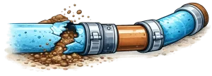 Broken blue pipe spraying water onto cracked ground with dirt and debris