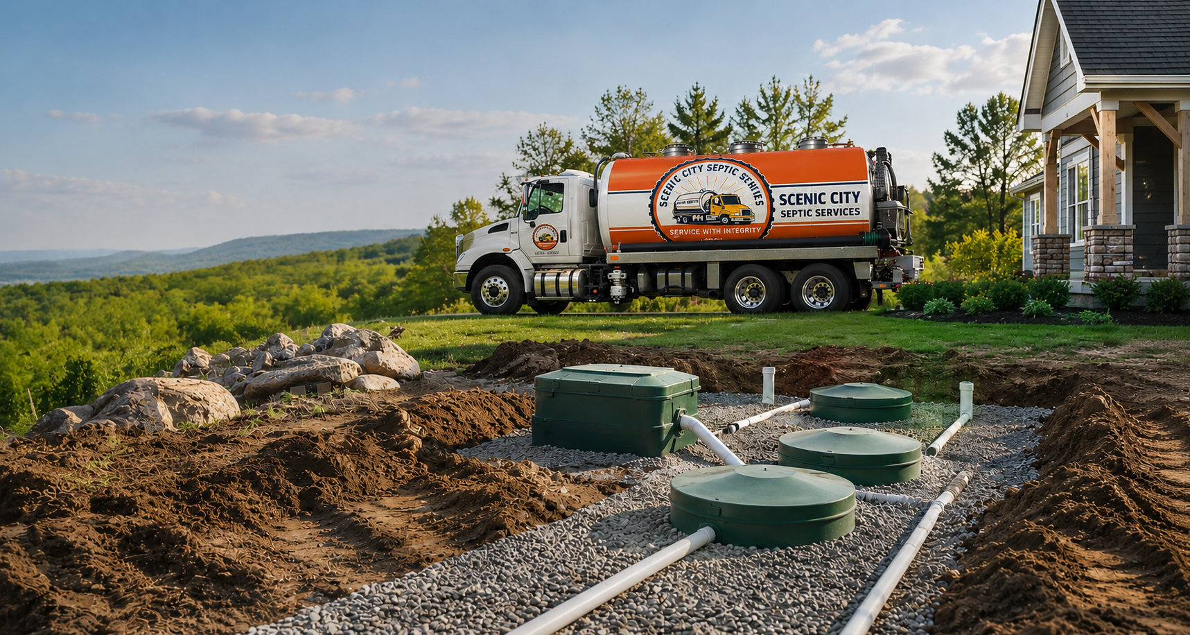 Utility truck at a rural construction site with green tanks, pipes, and a house in the background