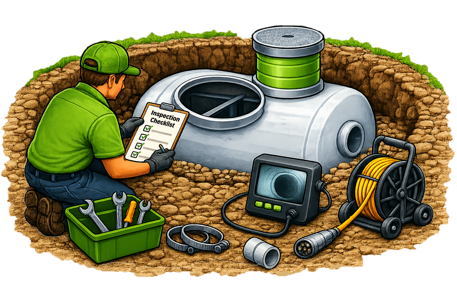 Worker examining underground tank with tools and pipes beside a trench in the dirt