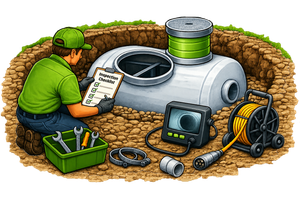 Worker inspecting underground tank with tools, cable reel, and meter on dirt ground