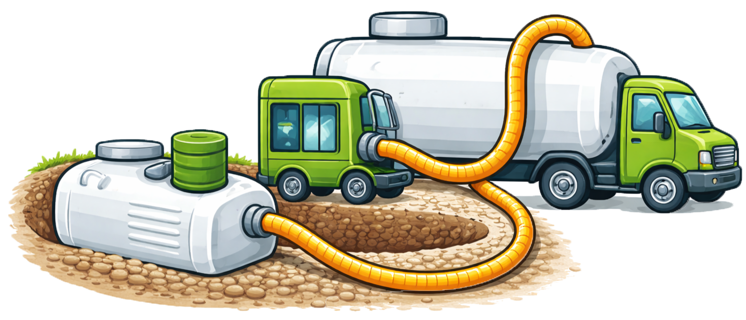 Green truck pumping waste from a white tank into a large white tanker on a pebbled ground