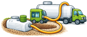 Illustration of a tanker truck refueling a green generator through a thick orange hose