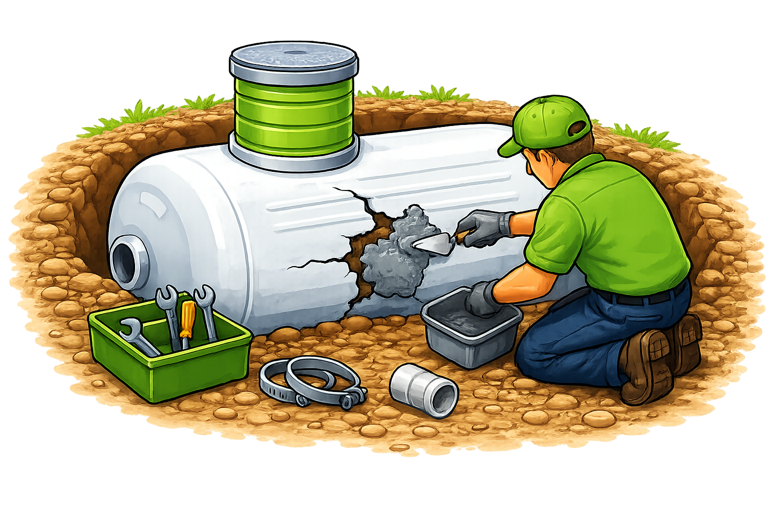 Worker repairing a white tank with tools beside a green toolbox outdoors