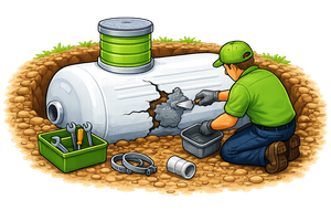 Worker in green fixing a white tank with tools beside it in a dirt patch