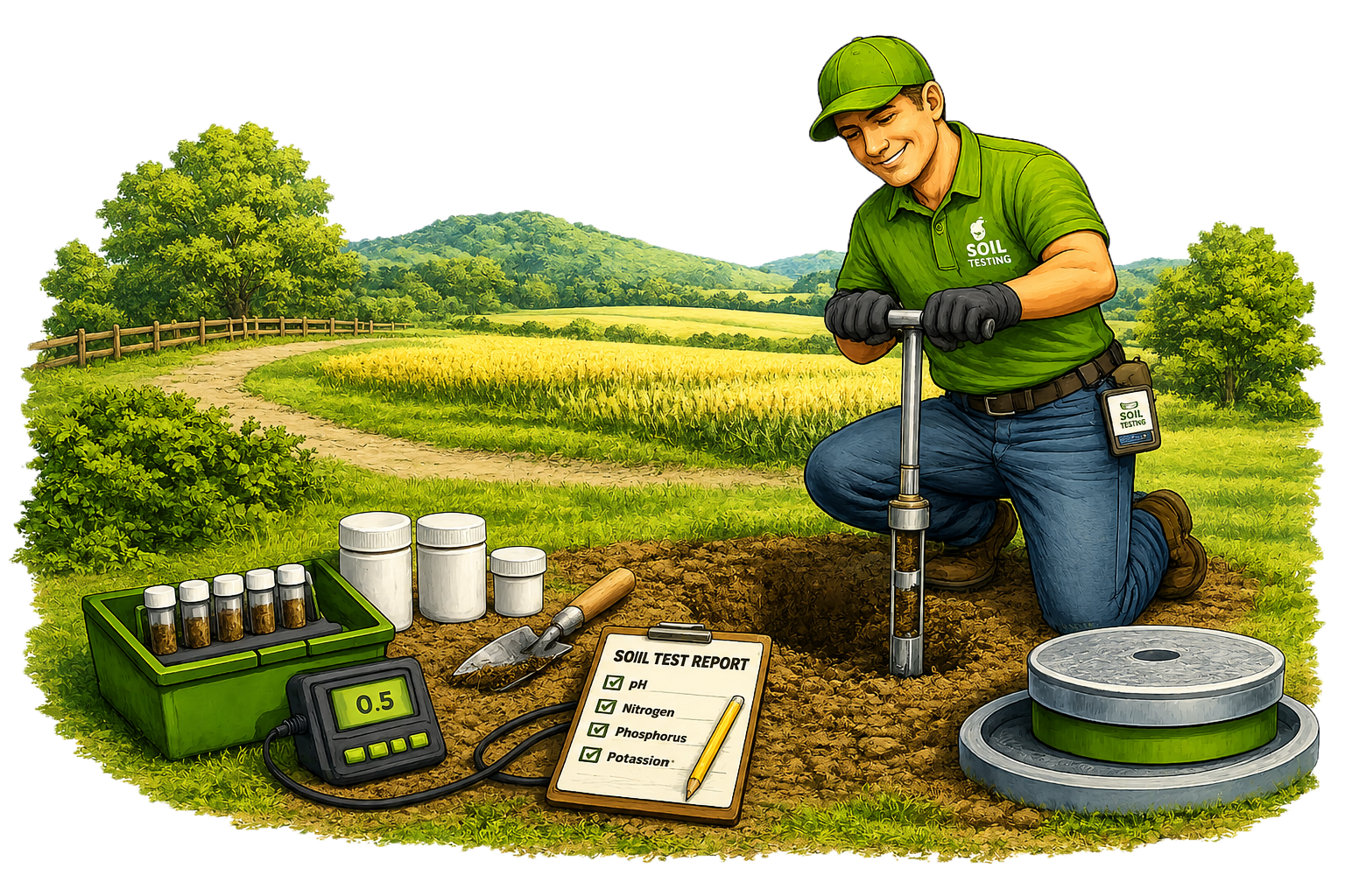 Man kneels in a green field using a soil probe beside fertilizer jars, a clipboard, and sampling trays.