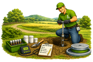Man kneeling in a green field with soil test tools, measuring equipment, and samples in a farm landscape