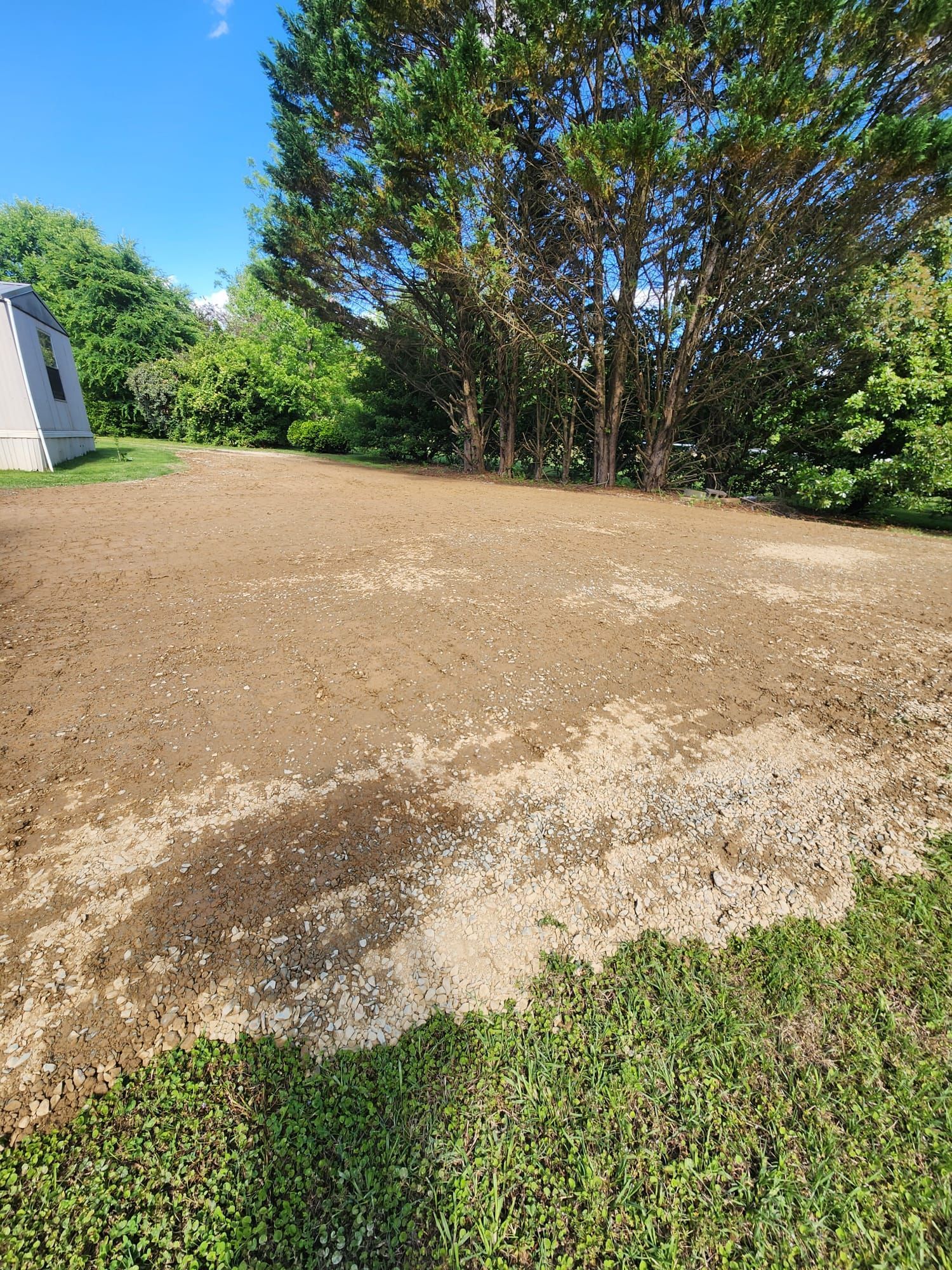 Gravel clearing bordered by grass and trees under a bright blue sky