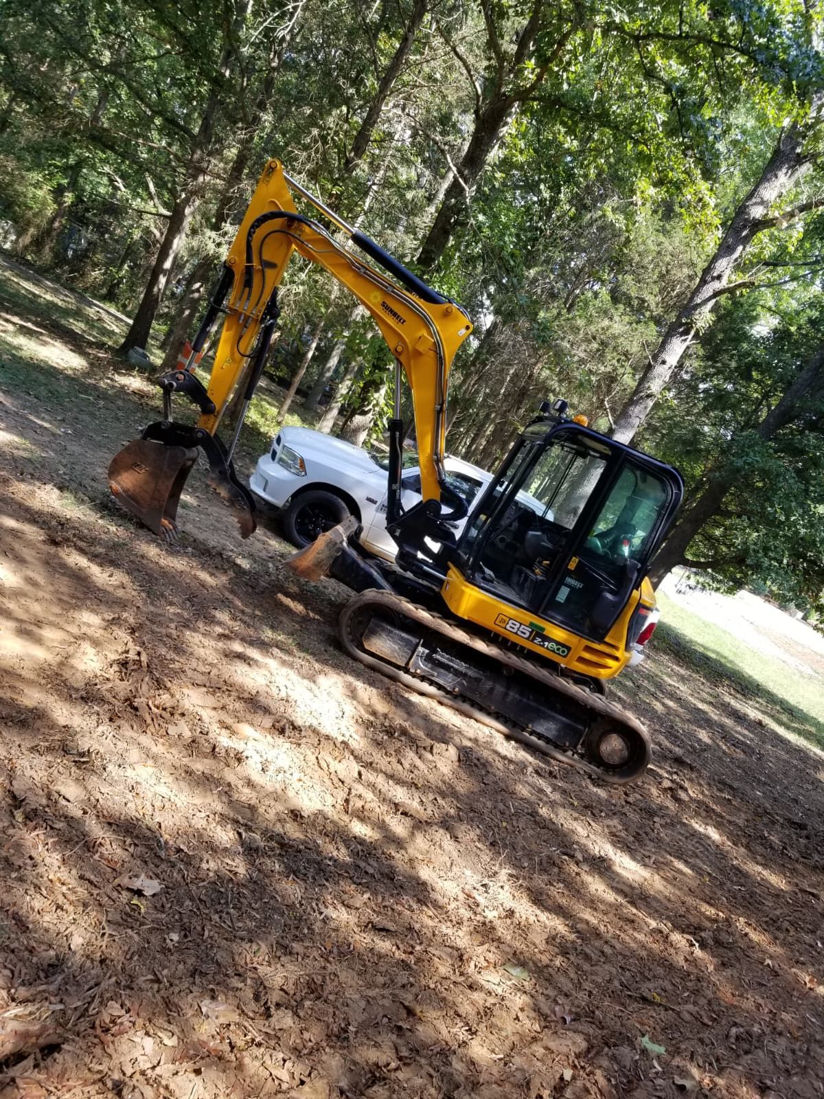 Yellow excavator on a wooded slope, working among trees and dry leaves.