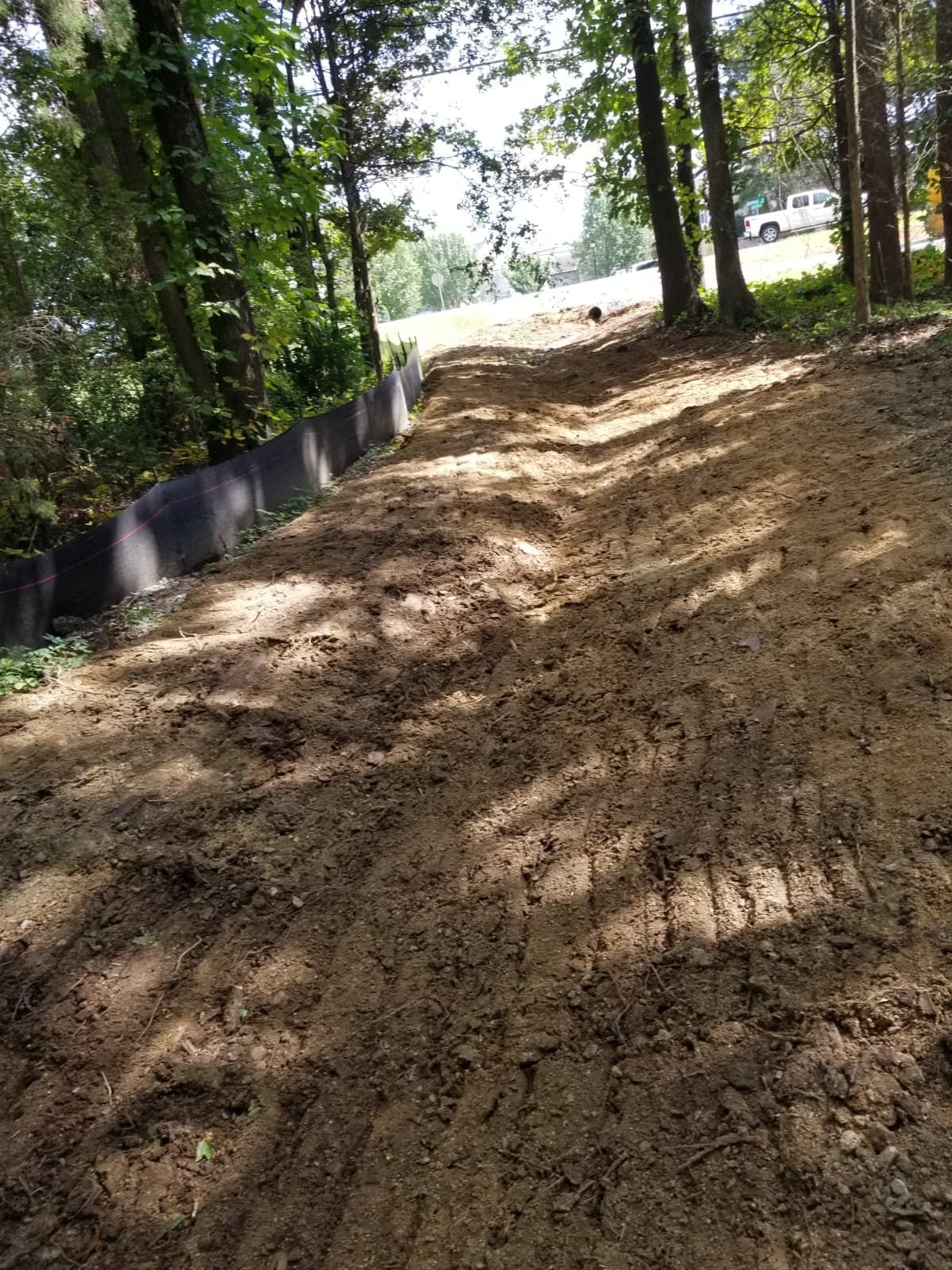 Dirt path through wooded area with sunlight filtering through trees and a black barrier along the left side
