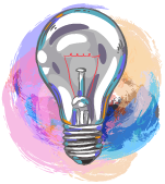 Illustrazione colorata di una lampadina con vortici ad acquerello blu e rosa