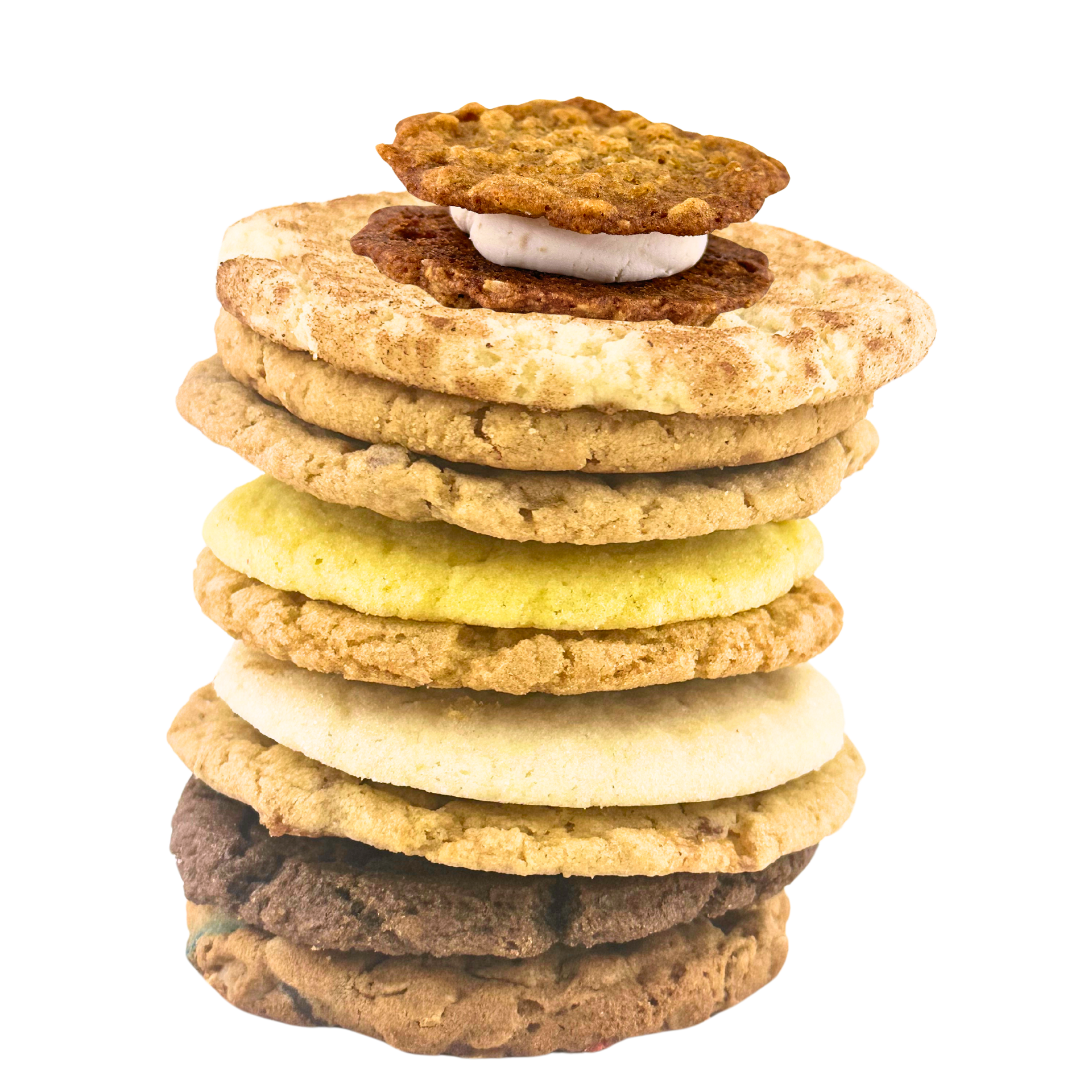 Stack of assorted cookies on a white background