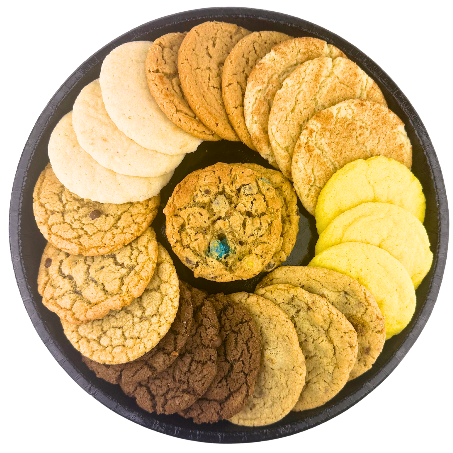 Assorted cookies arranged in a circular pattern on a dark round tray with a cookie in the center