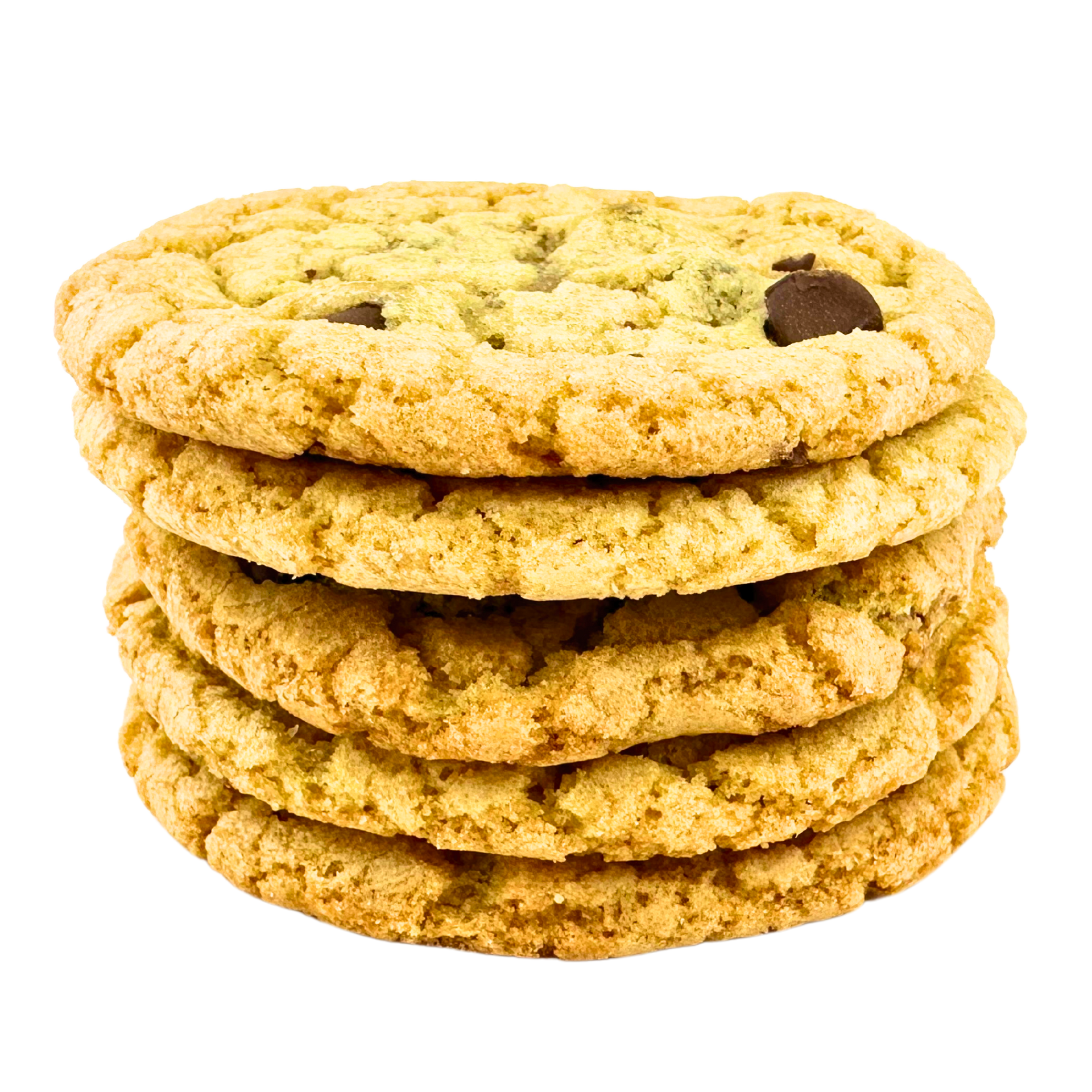 A stack of chocolate chip cookies on a white background